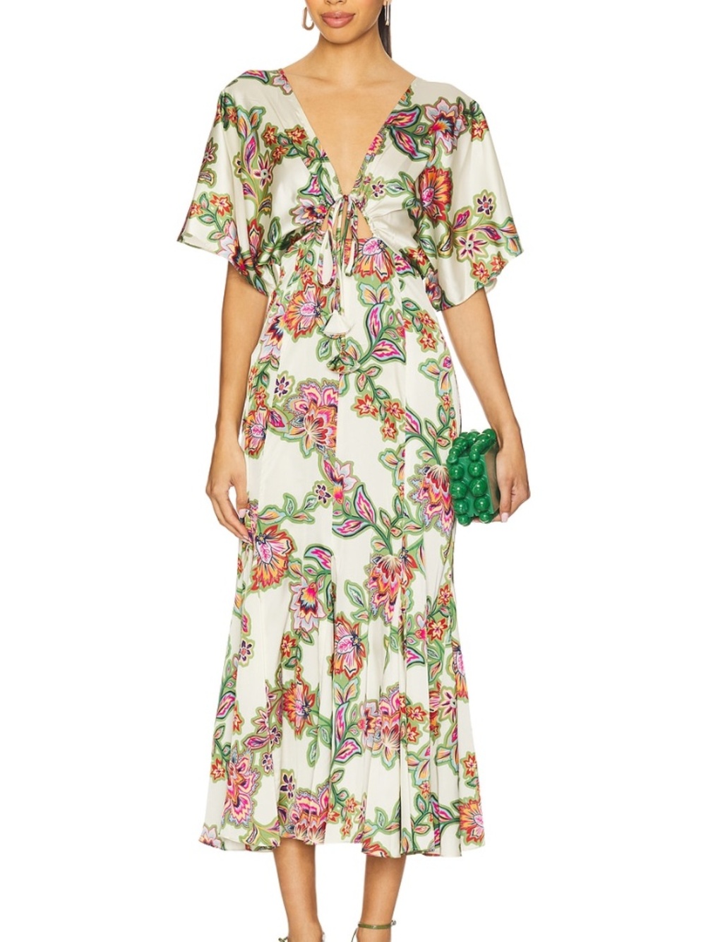 MISA Los Angeles IRENA Floral Lattice Satin Tie Front Midi Dress Size XS